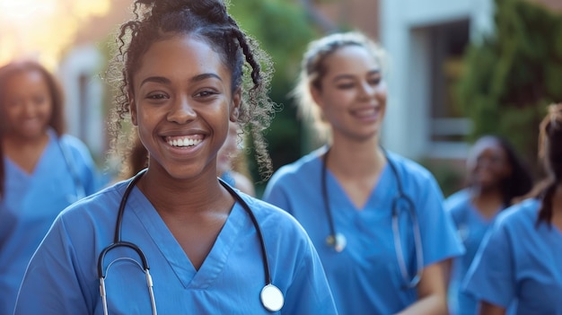 Um grupo diversificado de enfermeiras estudantes sorridente vestindo roupas azuis caminha juntos do lado de fora de uma escola de medicina em um campus de hospital universitário