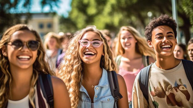 Um grupo diversificado de estudantes a rir e a caminhar juntos por um campus iluminado pelo sol, destacando a diversidade e a amizade.