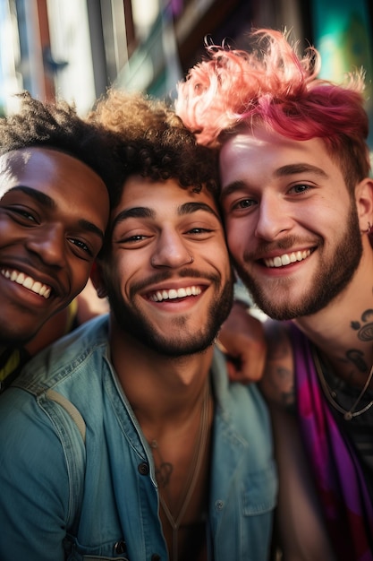 Um grupo diversificado de gays da geração do milênio capturando o momento de orgulho LGBTQ