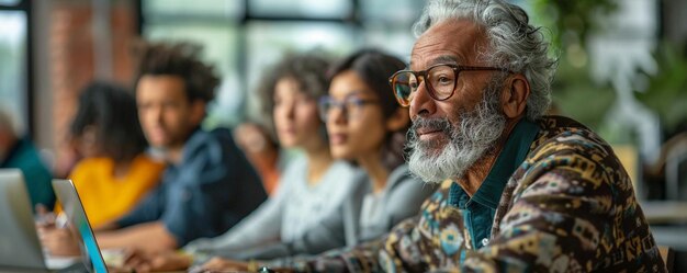 Foto um grupo diversificado de idosos energizados e concentrados