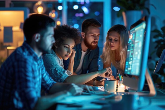 Foto um grupo diversificado de indivíduos concentrando sua atenção em uma tela de computador um grupo de desenvolvedores de software fazendo brainstorming em um espaço de trabalho de alta tecnologia gerado por ia