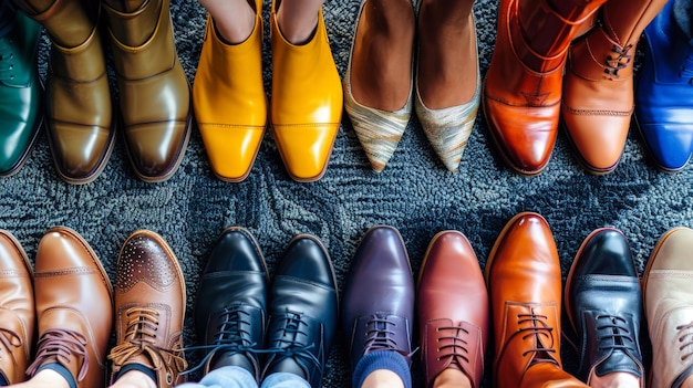 Um grupo diversificado de indivíduos em sapatos de negócios de pé estreitamente juntos formando uma comunidade estreitamente unida e unificada