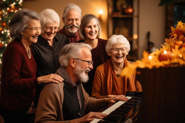 Um grupo diversificado de indivíduos reunidos em torno de um piano envolvidos em uma atividade musical Amigos seniores reunidos em torno de um piano cantando canções de Ação de Graças com alegria sincera gerada por IA