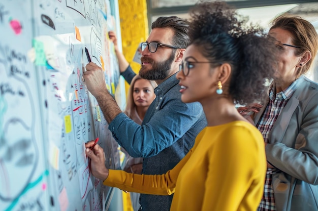 Um grupo diversificado de indivíduos reunidos em torno de um quadro branco envolvido em discussão colaborativa e compartilhamento de ideias um grupo diversificados de empresários fazendo brainstorming de ideias em um quadro branco gerado por ia