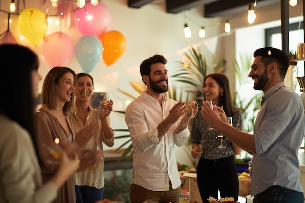 Foto um grupo diversificado de indivíduos se reúne segurando copos de vinho criando uma atmosfera vibrante e social colegas de escritório organizando uma festa de despedida surpresa para um amigo ai gerado