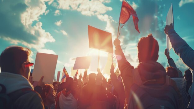 Foto um grupo diversificado de indivíduos segurando vários sinais e bandeiras adequados para conceitos de protesto ou manifestação