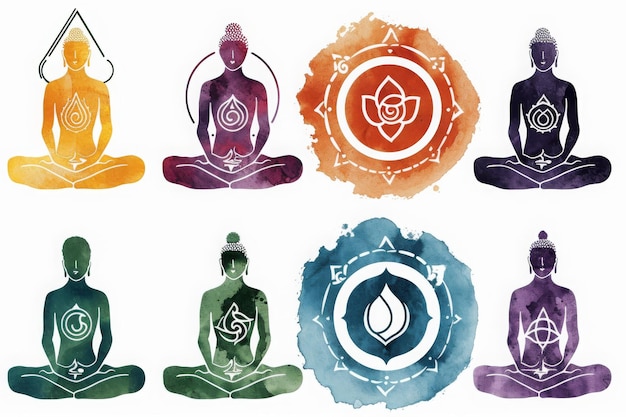 Foto um grupo diversificado de indivíduos sentados em várias posturas de ioga em tapetes ilustração de vários símbolos de chakra de ioga ai gerado