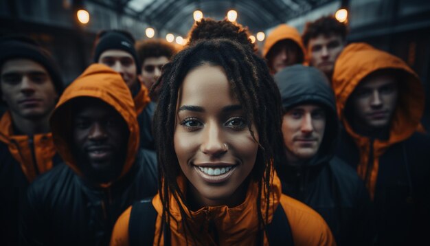 Foto um grupo diversificado de jovens adultos sorrindo olhando para a câmera gerada pela ia