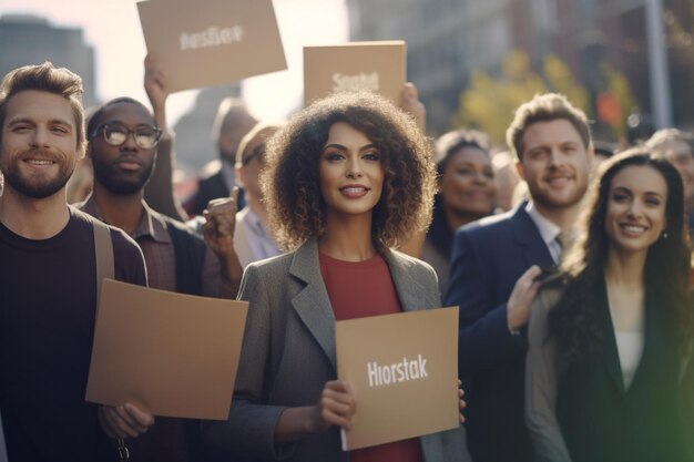 Foto um grupo diversificado de manifestantes segurando cartazes generative ai