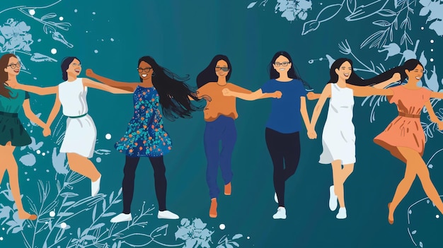 Um grupo diversificado de mulheres dançando alegremente em círculo