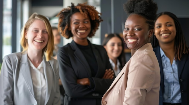 Um grupo diversificado de mulheres de pé lado a lado mostrando unidade e força