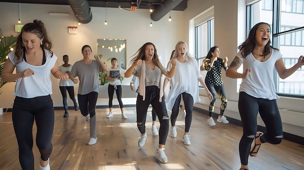 Um grupo diversificado de mulheres em roupas esportivas dançando felizmente em um estúdio brilhante com grandes janelas, todas sorrindo e parecendo estar se divertindo.