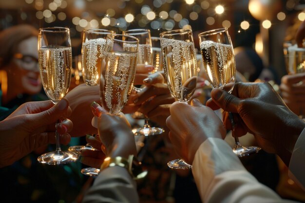 Um grupo diversificado de pessoas brindando com champanhe