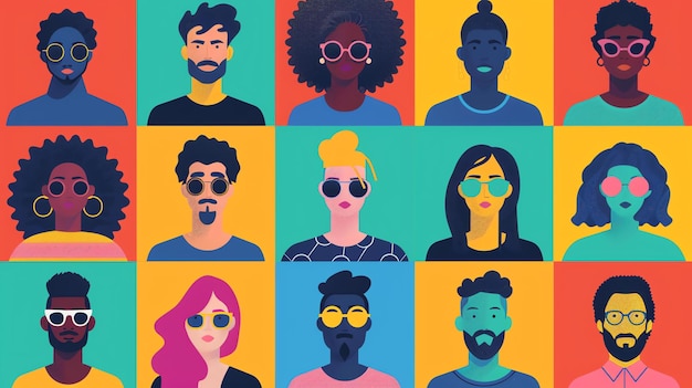 Um grupo diversificado de pessoas com diferentes tons de pele, penteados e roupas, todos eles estão usando óculos de sol e olhando para a câmera.