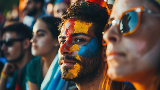 Um grupo diversificado de pessoas com rostos pintados em uma variedade de tons coloridos ousados