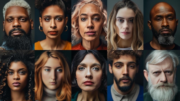 Foto um grupo diversificado de pessoas de diferentes etnias e idades é mostrado em uma grade de headshots
