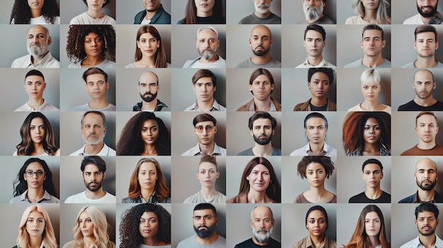 Um grupo diversificado de pessoas de diferentes idades, raças e etnias, todas as pessoas estão olhando para a câmera com expressões neutras.