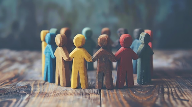 Um grupo diversificado de pessoas de madeira de mãos dadas em um círculo as figuras são pintadas em diferentes cores representando a diversidade da raça humana