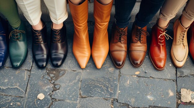 Um grupo diversificado de pessoas de pé lado a lado exibindo uma variedade de sapatos coloridos de sapatos de negócios elegantes para calçados femininos de moda