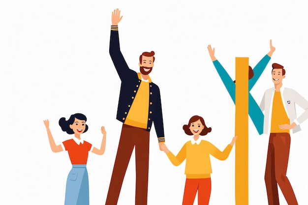 Um grupo diversificado de pessoas em roupas casuais felizmente acenando e gestando com uma pessoa parcialmente atrás de uma parede amarela
