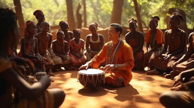 Um grupo diversificado de pessoas em várias roupas sentam-se em círculo tocando um grande tambor juntos