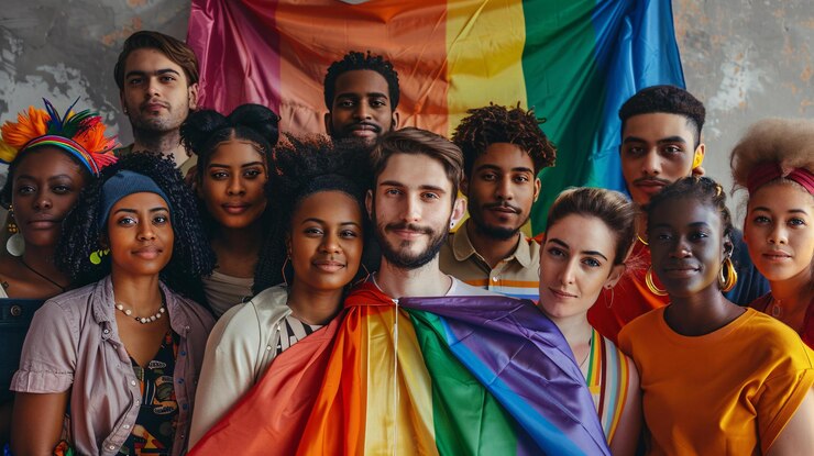 Foto um grupo diversificado de pessoas está unido segurando uma bandeira do orgulho lgbt do arco-íris