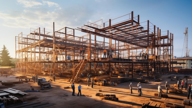 Um grupo diversificado de pessoas observando e discutindo um edifício em construção