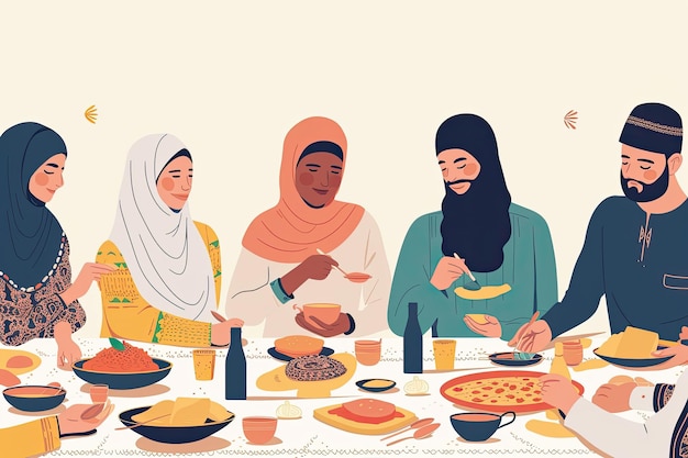 Um grupo diversificado de pessoas quebrando seu jejum juntos durante o Iftar