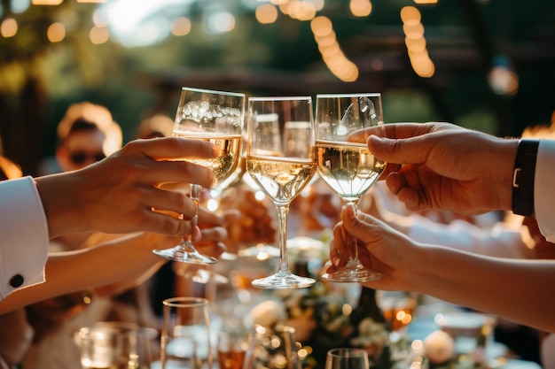 Um grupo diversificado de pessoas se reuniu levantando seus copos de vinho em celebração Convidados tocando copos em uma recepção de casamento de coquetel elegante AI Gerado