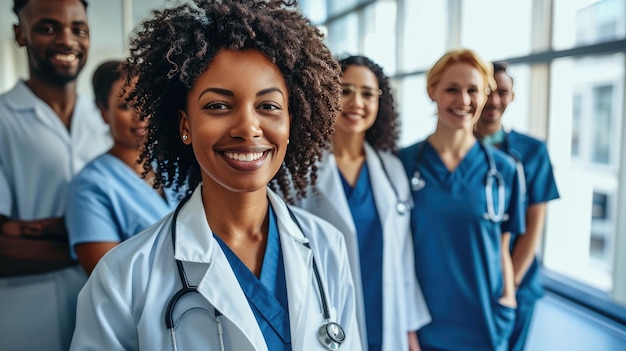 Foto um grupo diversificado de profissionais médicos com um médico com uma bata branca de laboratório e um estetoscópio na frente sorrindo para a câmera