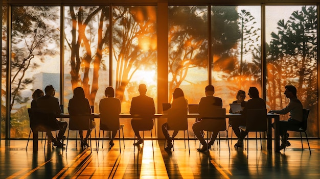 Um grupo diversificado de profissionais participa de uma reunião de gestão em uma mesa posicionada em frente a uma grande janela iluminada pelo sol