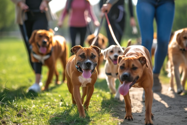 Um grupo diversificado de voluntários caminhando juntos com cães resgatados, destacando a importância da vida animal.