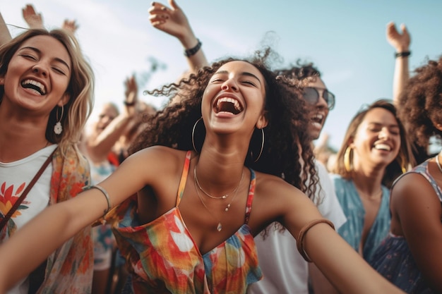 Um grupo diversificado e enérgico de millennials dançando com alegria e excitação em um festival de música animado