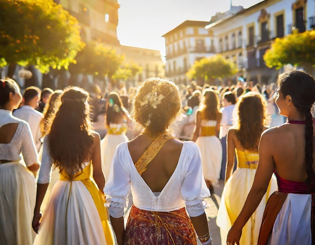 Foto um grupo diversificado reúne-se num vibrante festival multicultural sob um sol dourado.