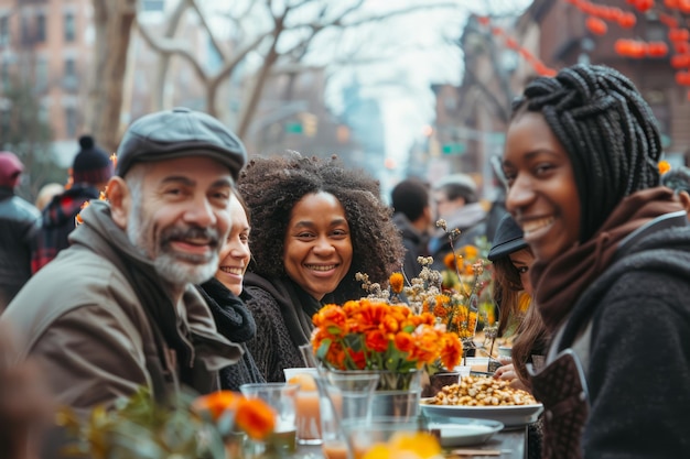 Um grupo diverso de amigos desfrutando de uma refeição urbana ao ar livre junto com flores decorativas