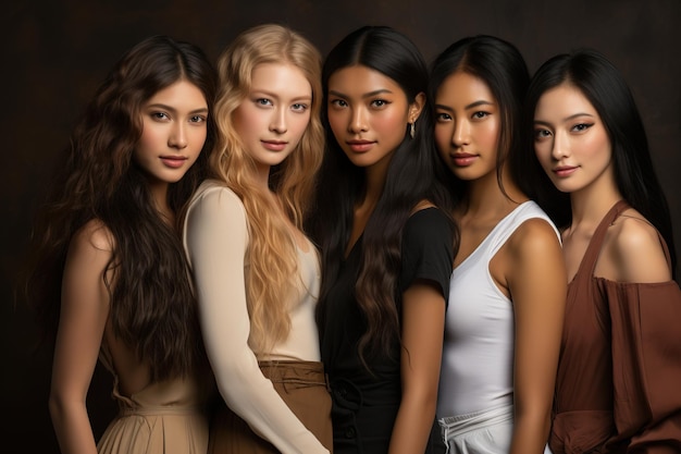 Um grupo diverso de lindas adolescentes de raças diferentes com beleza natural e pele lisa e brilhante