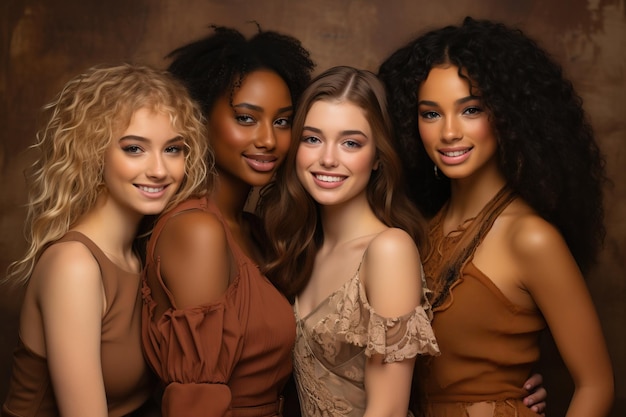 Um grupo diverso de lindas adolescentes de raças diferentes com beleza natural e pele lisa e brilhante