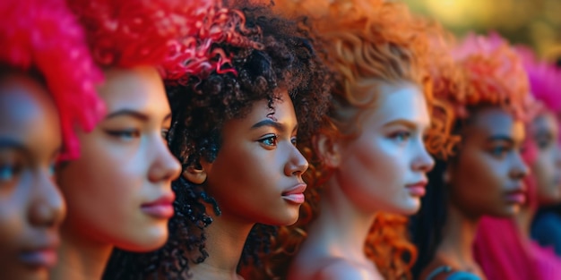 Um grupo diverso de mulheres com cabelos de cores diferentes