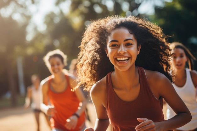 Foto um grupo exuberante de mulheres correndo juntas com o foco em uma corredora alegre na liderança