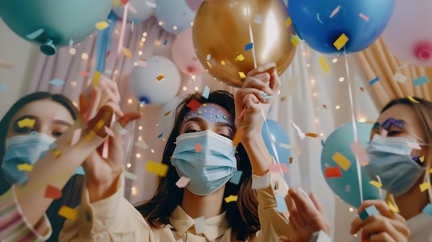 Foto um grupo feliz de amigos com máscara de rosto celebrando o novo ano de 2021 confetti caindo em ia gerativa