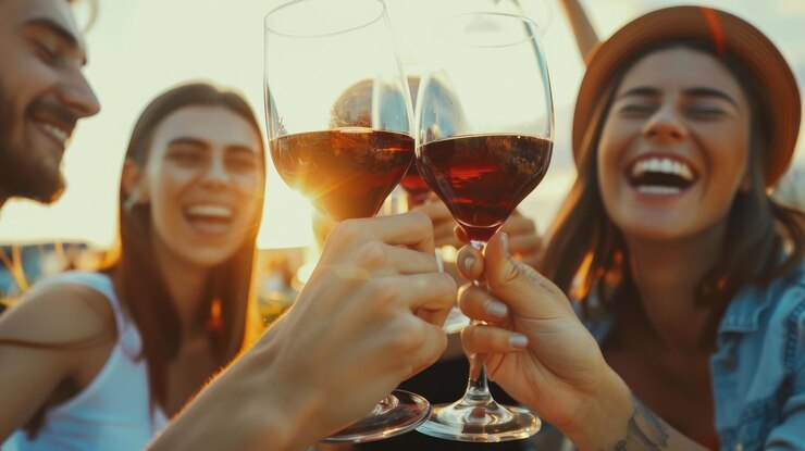 Um grupo feliz de amigos divertindo-se juntos à mesa de jantar com vinho e comida no restaurante ou bar