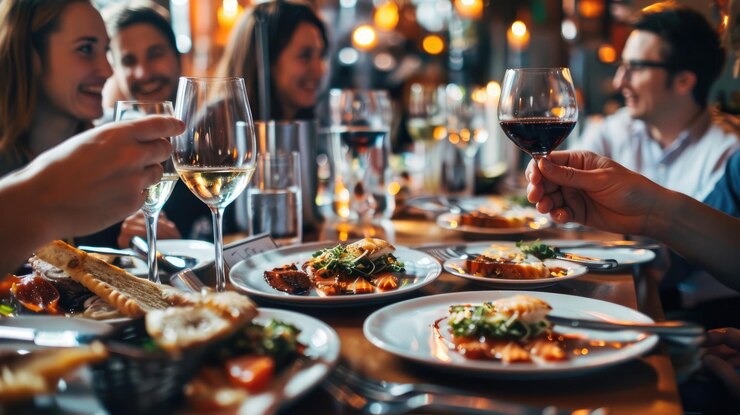 Um grupo feliz de amigos divertindo-se juntos à mesa de jantar com vinho e comida no restaurante ou bar