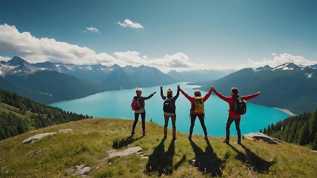 Um grupo feliz de caminhantes com as mãos levantadas de pé no topo da montanha