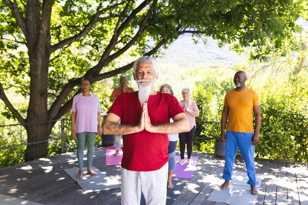 Um grupo feliz e diversificado de amigos idosos a praticar ioga num jardim ensolarado.
