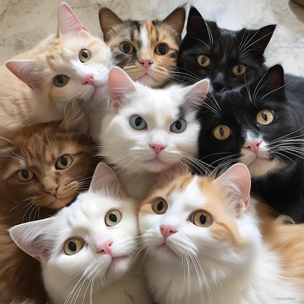Um grupo fofo de gatos está reunido