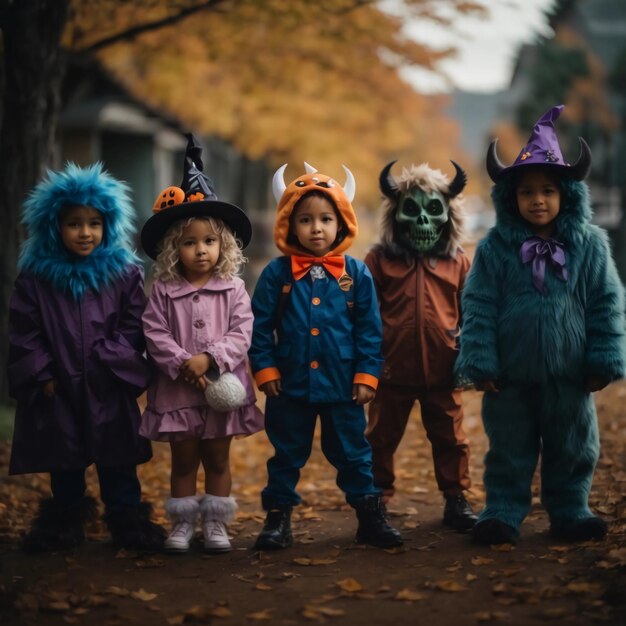 Um grupo giro de crianças com fantasias de monstros de Halloween.