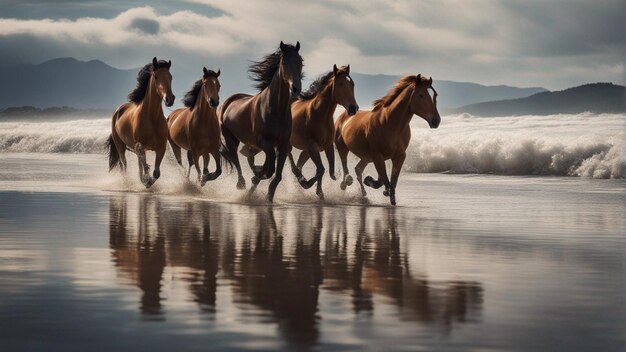 Foto um grupo hiper-realista de cavalos correndo na praia