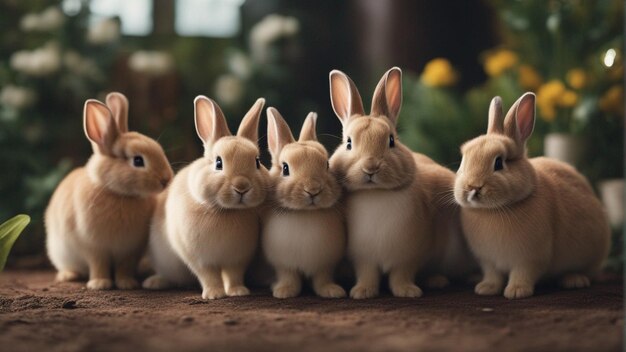 Foto um grupo hiper-realista de coelhos fofos na selva