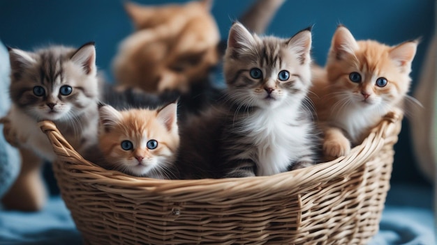 Foto um grupo hiper-realista de gatos na cesta fundo azul
