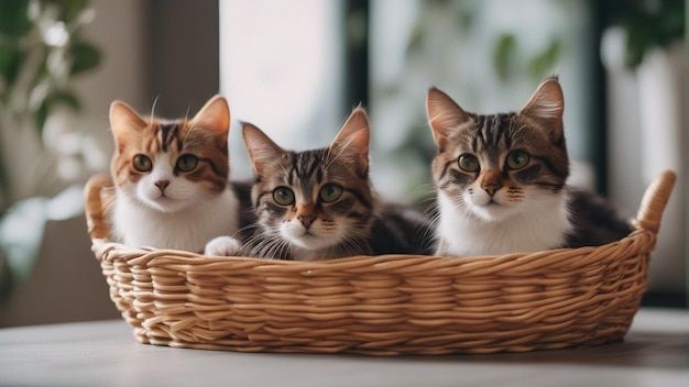 Um grupo hiper-realista de gatos na cesta fundo azul